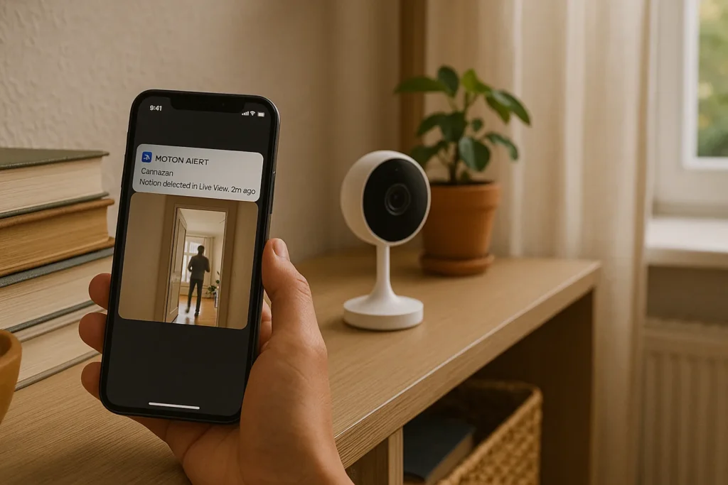 Smartphone zeigt Live-Benachrichtigung einer Sicherheitskamera mit Bewegungserkennung im Smart Home.