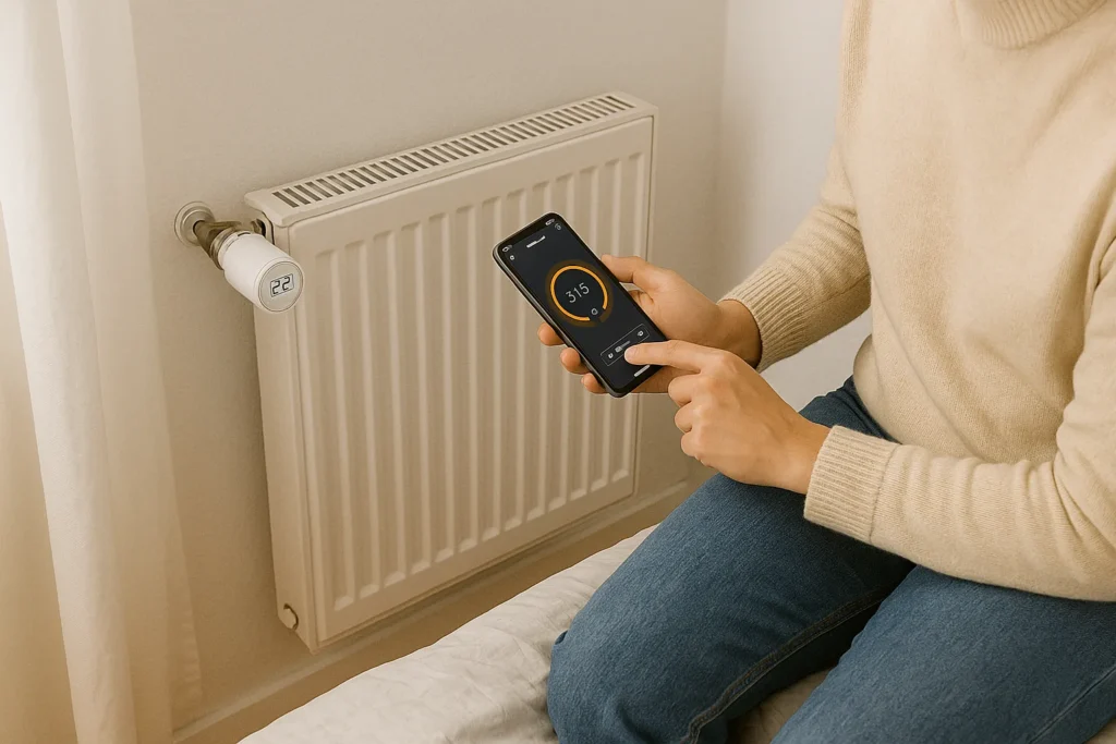 Frau reguliert die Raumtemperatur mit einer Heizkörperthermostat-App auf dem Smartphone.