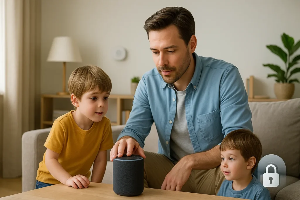 Vater mit zwei kleinen Kindern bedient Smart Speaker im Wohnzimmer – Symbol für sicheren Einsatz mit Kinderschutz im Smart Home.