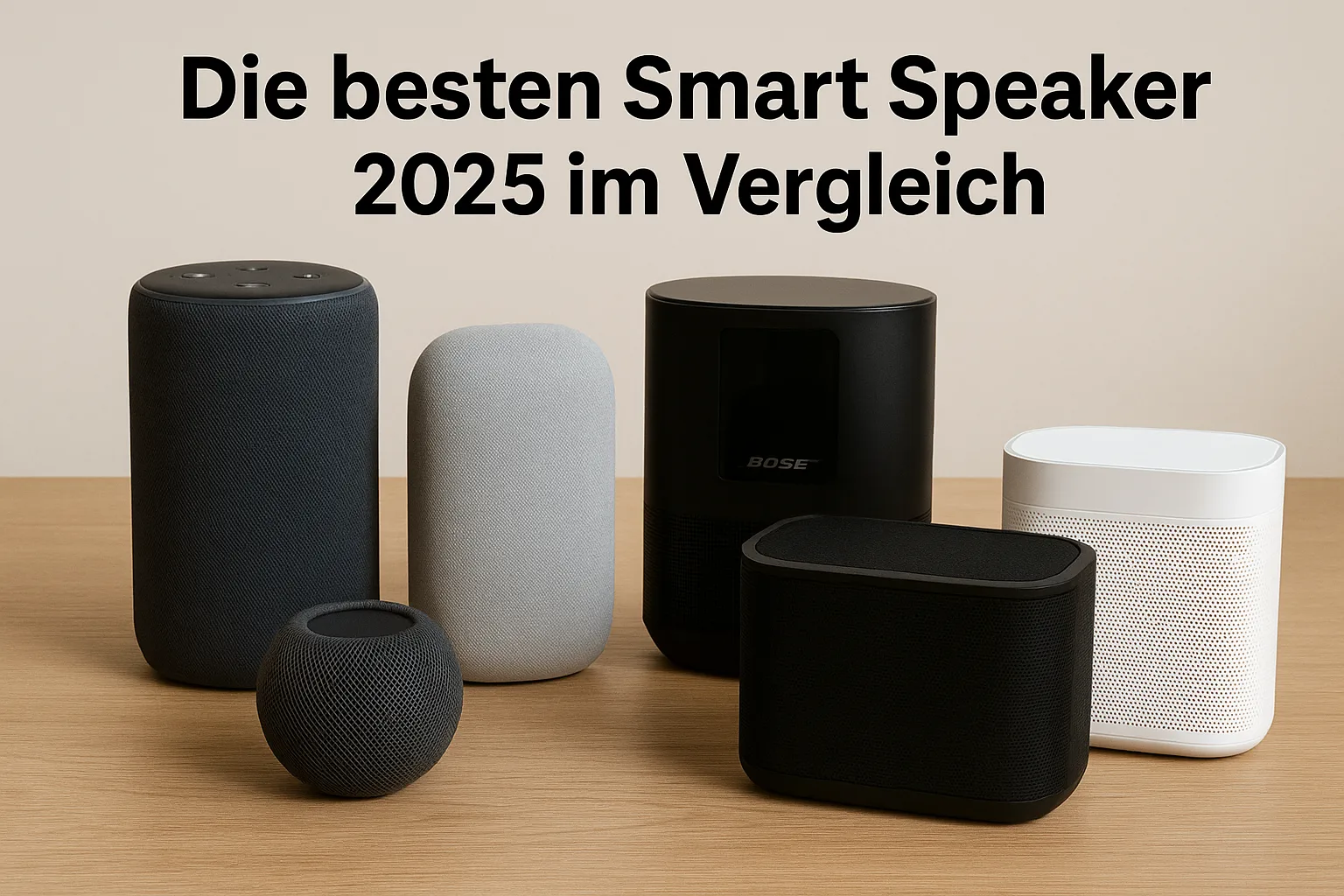Verschiedene Smart Speaker Modelle 2025 im direkten Vergleich – Lautsprecher von Amazon, Google, Bose und anderen Herstellern.