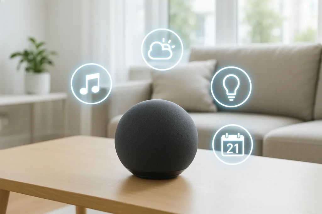 Runder Smart Speaker auf Couchtisch, umgeben von Symbolen für Musik, Licht, Wetter und Kalender – zentrale Steuerung im modernen Wohnzimmer.
