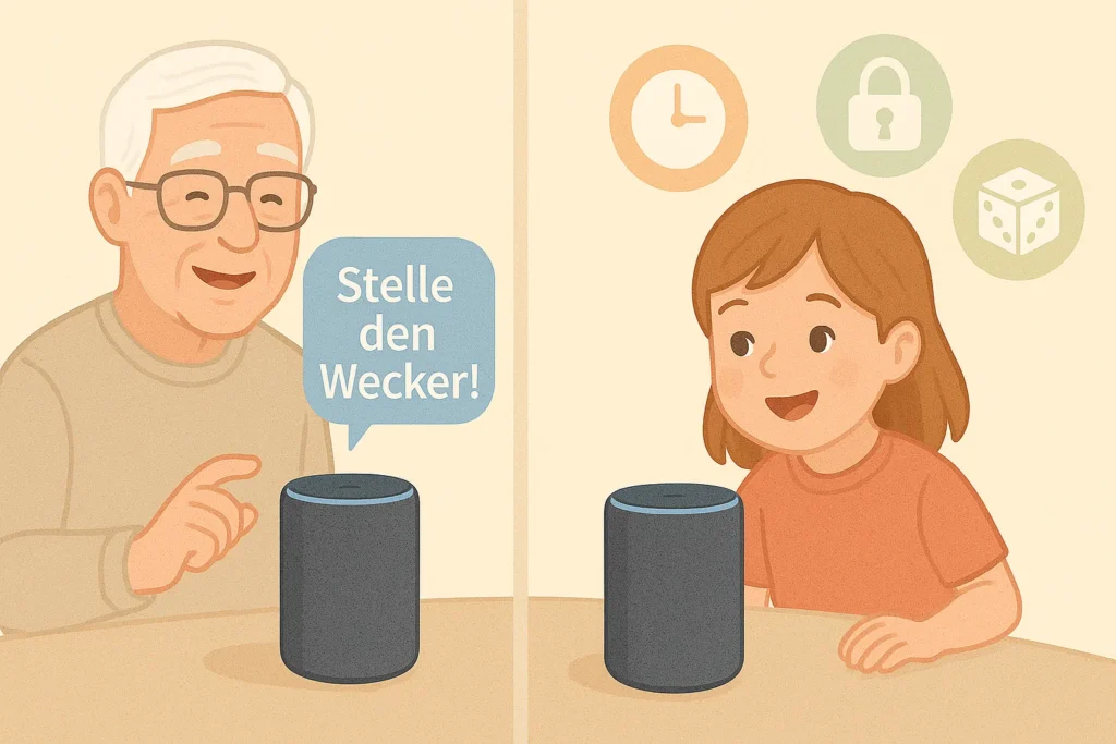 Illustration zeigt ältere Person und Kind beim Verwenden eines Sprachassistenten im Alltag, etwa zum Weckerstellen oder für kindersichere Befehle.