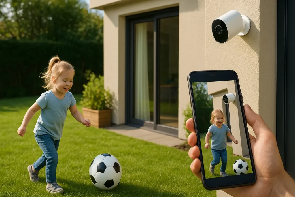Kind spielt mit Fußball im Garten, smarte Außenkamera überträgt Livebild auf Smartphone zur Überwachung und Sicherheit.