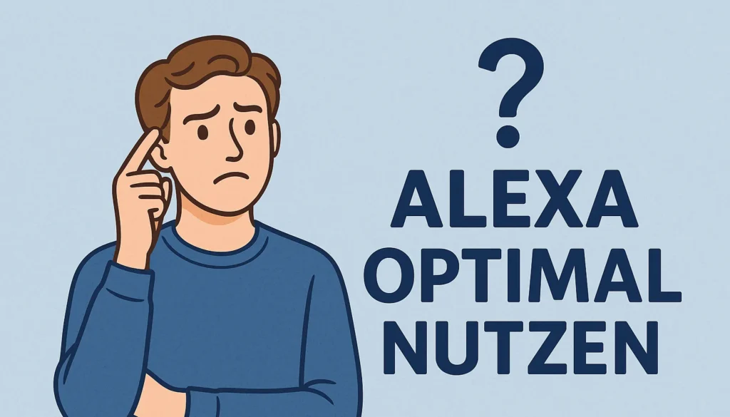Infografik zeigt eine nachdenkliche Person mit der Frage „Alexa optimal nutzen?“ – Tipps zur effektiven Nutzung von Alexa im Smart Home.
