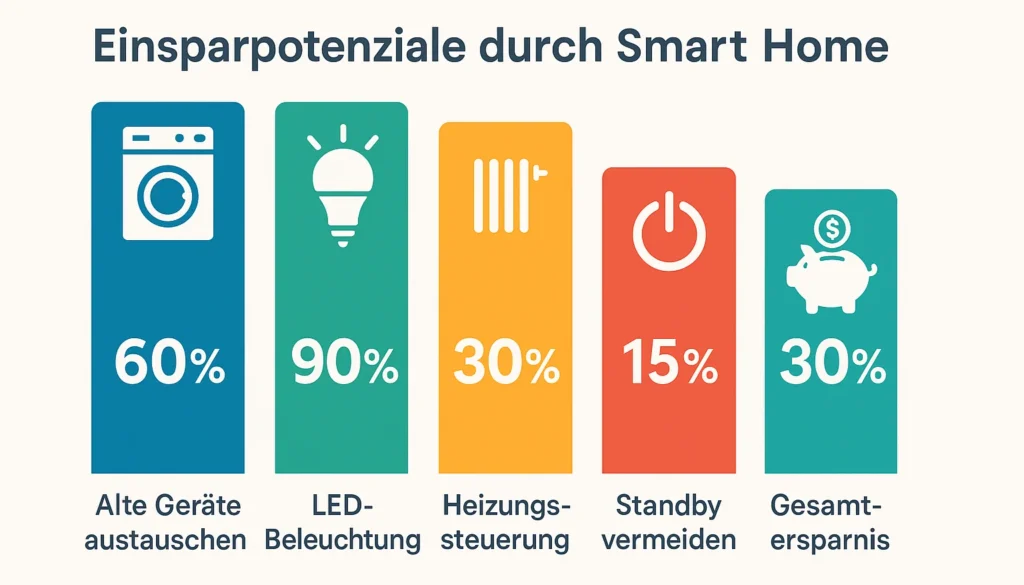 Infografik mit Smart Home Energiesparpotenzialen wie LED-Beleuchtung, Heizungssteuerung und Standby-Vermeidung.