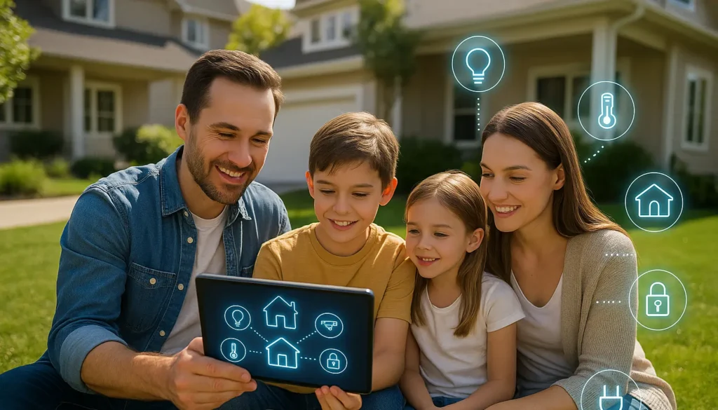 Familie sitzt im Garten und steuert ihr Smart Home per Tablet – modernes vernetztes Wohnen.