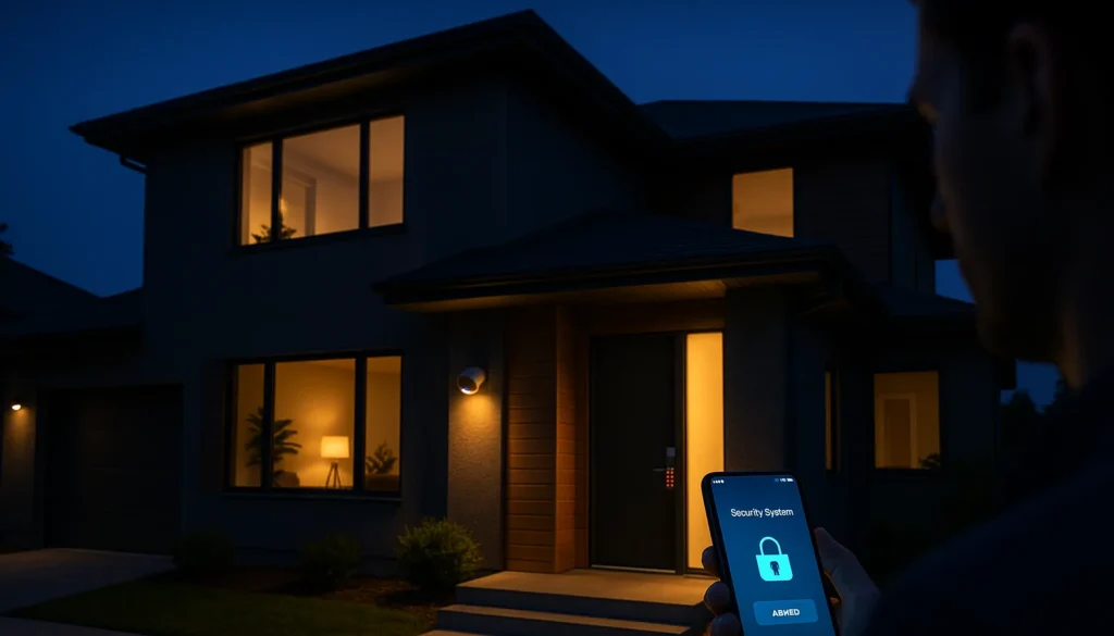 Person aktiviert nachts die Hausalarmanlage per Smartphone-App für mehr Sicherheit im Smart Home.