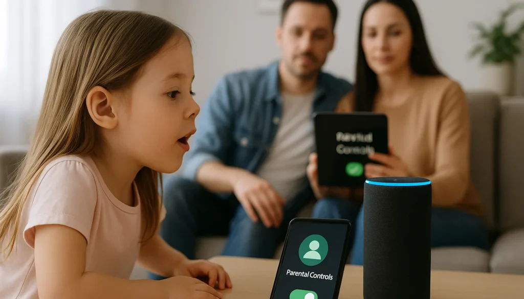 Kind spricht mit Sprachassistent, Eltern aktivieren Kindersicherung über App.