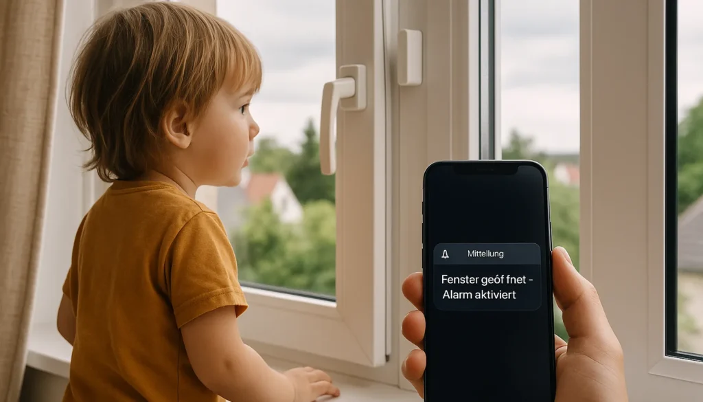 Kind am offenen Fenster, Smart-Home-System aktiviert Alarm bei geöffnetem Fenster.