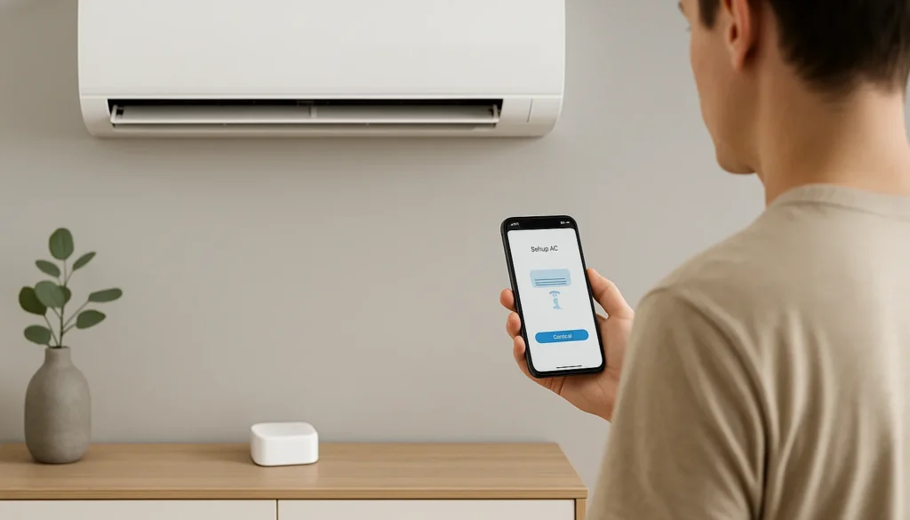 Junge Person richtet Klimaanlage über Smartphone-App im modernen Zuhause ein.