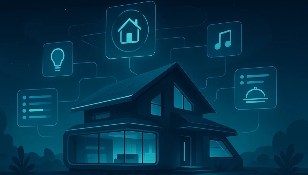 Illustration eines vernetzten Smart Homes bei Nacht mit Icons für Licht, Musik und Steuerung per App.