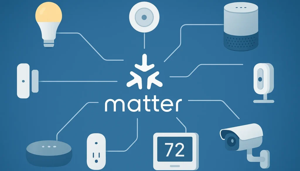 Darstellung des Matter Standards für Smart Home – vernetzte Geräte wie Lampen, Lautsprecher und Sicherheitskameras.