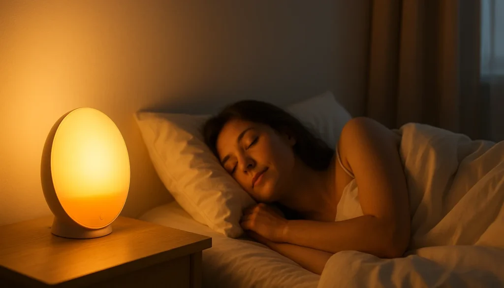 Frau schläft neben sanftem Nachtlicht im Schlafzimmer mit smarter Beleuchtung für guten Schlaf.