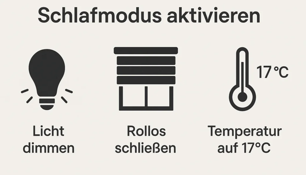 Grafik zeigt Schlafmodus im Smart Home: Licht dimmen, Rollos schließen, Temperatur auf 17 Grad senken.