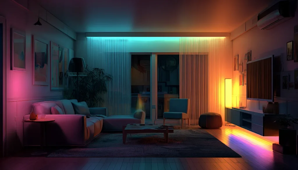 Stimmungsvolles Wohnzimmer mit moderner smarter Beleuchtung in warmen Farben, indirektes Licht für gemütliches Ambiente im Smart Home.