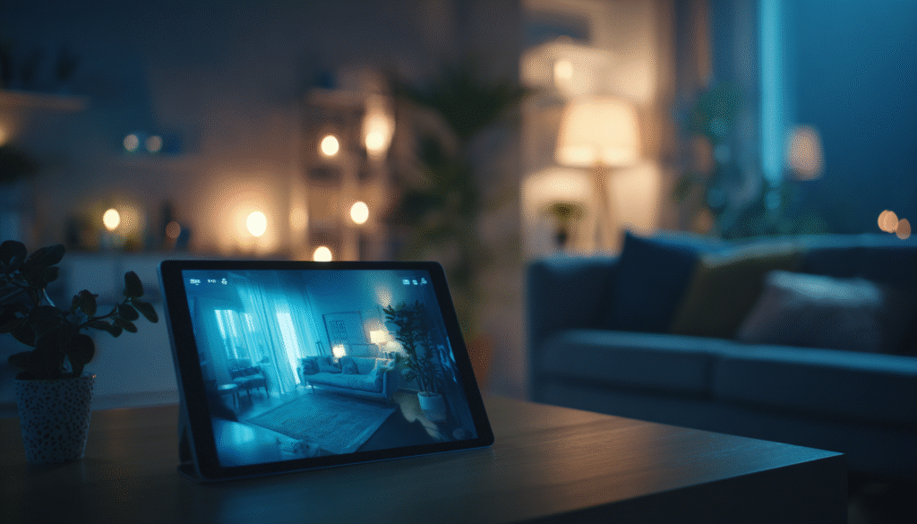 Tablet zeigt Live-Übertragung einer Überwachungskamera im Wohnzimmer.