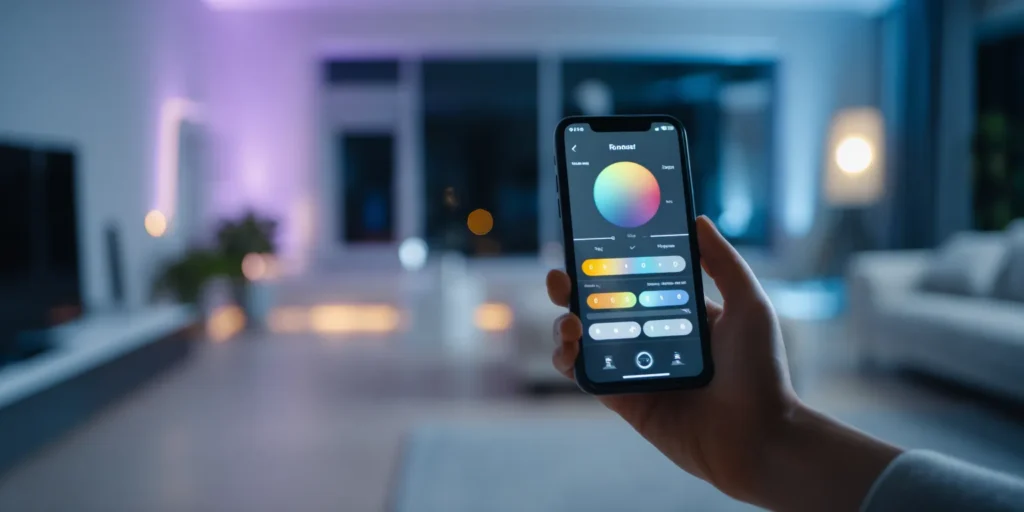 Person steuert smarte Beleuchtung per Smartphone-App in einem modernen Zuhause, Nutzeroberfläche zeigt Farb- und Helligkeitseinstellungen.