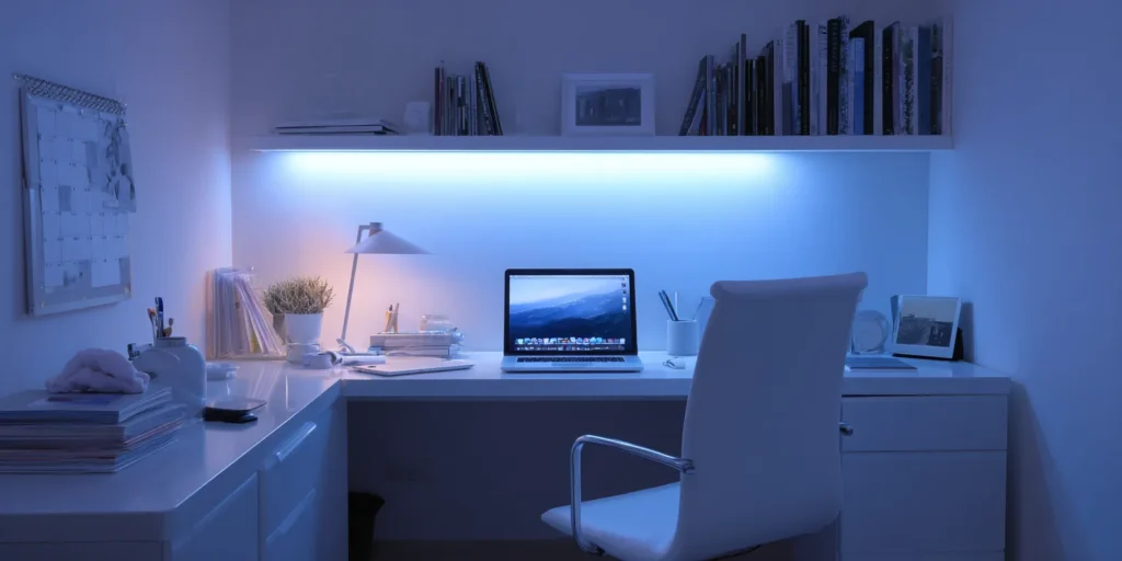 Helles, modern eingerichtetes Arbeitszimmer mit energieeffizienter LED-Smart-Beleuchtung, optimiert für konzentriertes Arbeiten im Homeoffice.