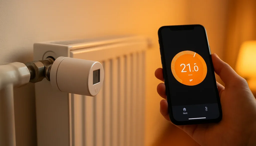 Heizkörper mit Smart Home Thermostat, per App auf Smartphone auf 21 Grad eingestellt.