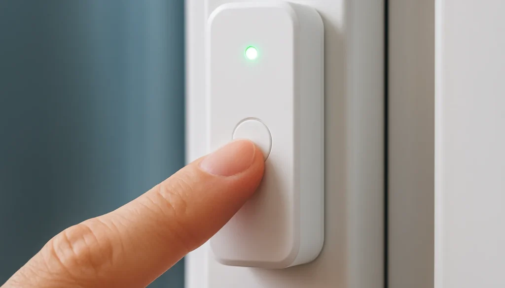 Finger drückt Testknopf eines Smart-Home-Fenstersensors mit grünem LED-Signal zur Funktionsprüfung.