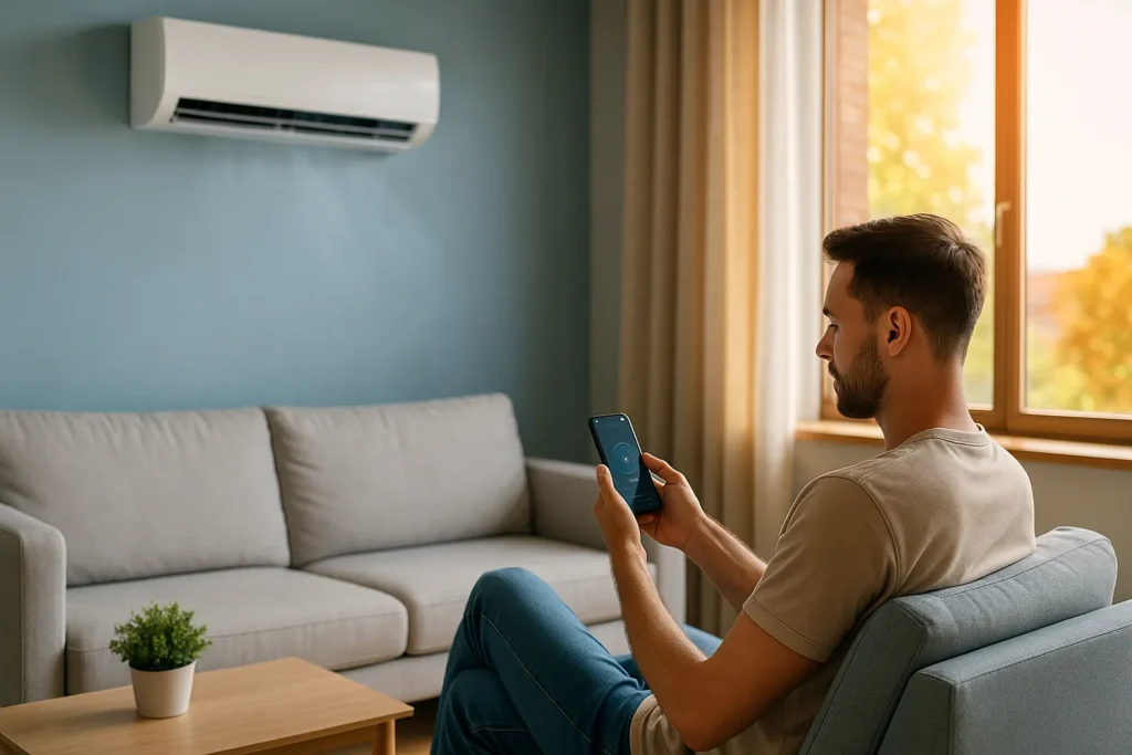Mann steuert Klimaanlage per Smartphone im modernen Wohnzimmer mit Smart-Home-System.