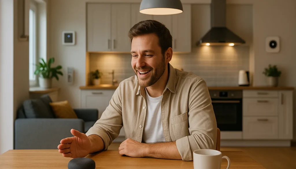 Mann steuert sein Smart Home per Sprachassistent in moderner Küche – einfache Bedienung per Sprache.