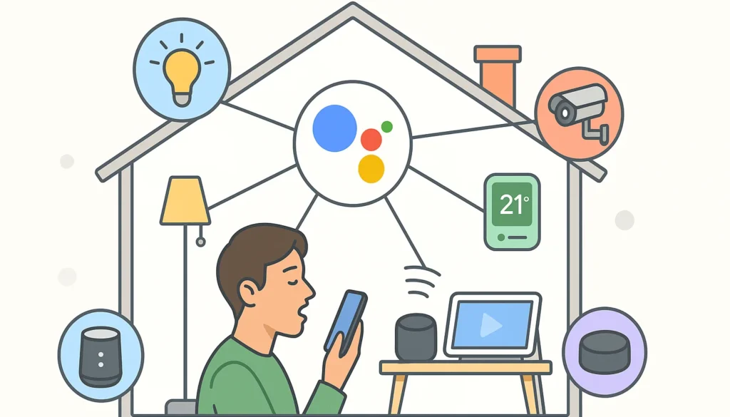 Illustration eines Smart Homes, das per Google Assistant gesteuert wird – inklusive Licht, Kamera, Thermostat und Lautsprecher.
