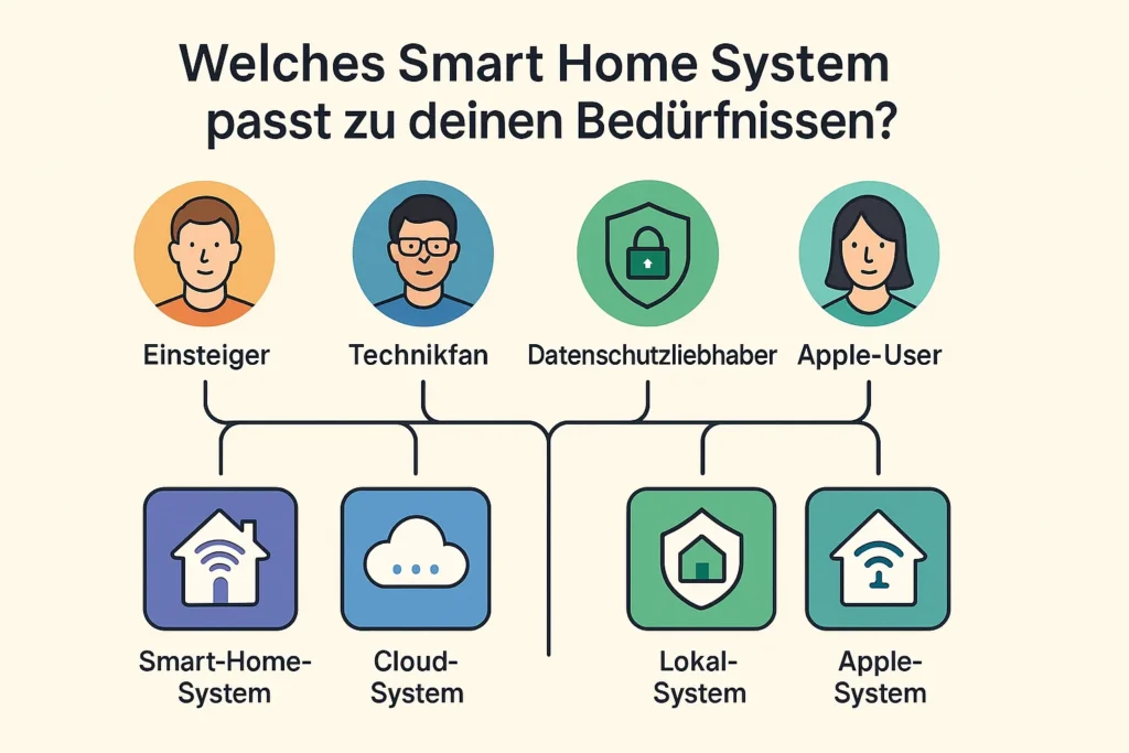 Übersichtsgrafik zu verschiedenen Smart-Home-Systemen passend für Einsteiger, Technikfans, Datenschutzliebhaber und Apple-User