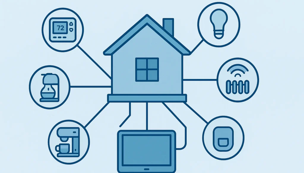 Übersicht über vernetzte Smart Home Geräte im Haus wie Heizung, Beleuchtung, Kaffeemaschine und Sensoren.
