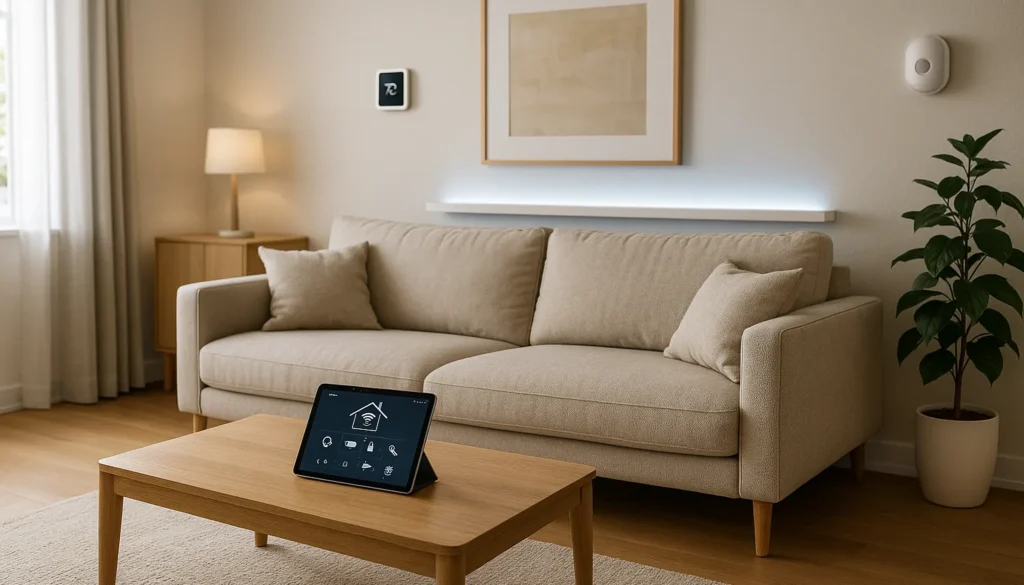 Modernes Smart Home Wohnzimmer mit Tablet zur Steuerung von Licht, Heizung und Sicherheitssystemen.