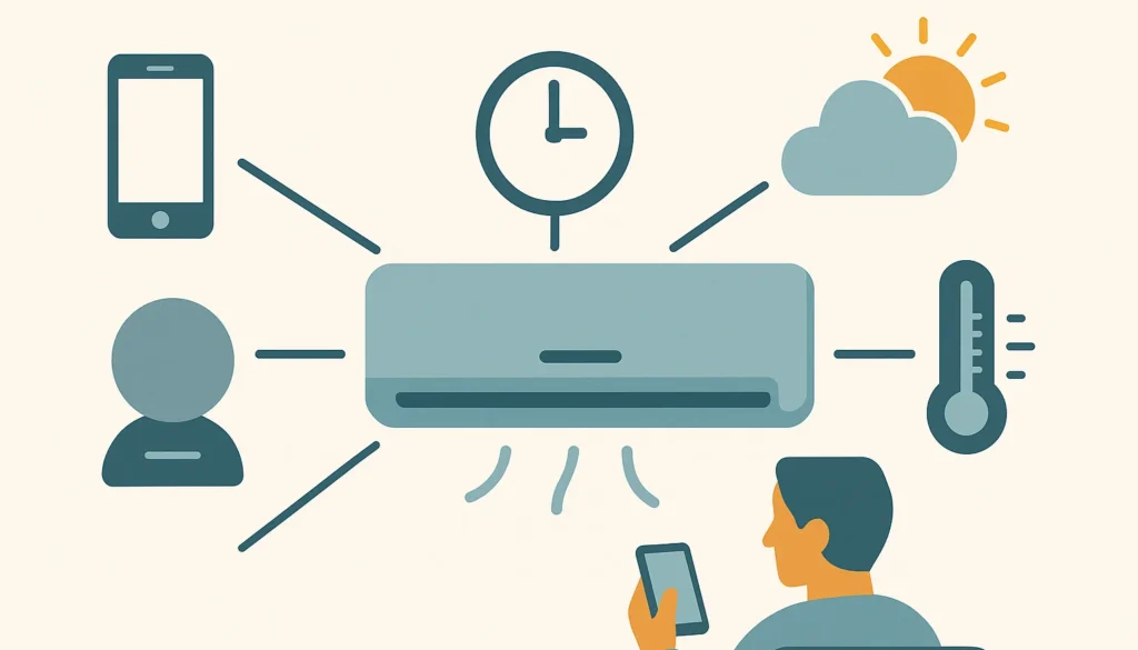 Infografik zur smarten Klimaanlagensteuerung über App, Wetterdaten, Zeitplan und Nutzerverhalten.