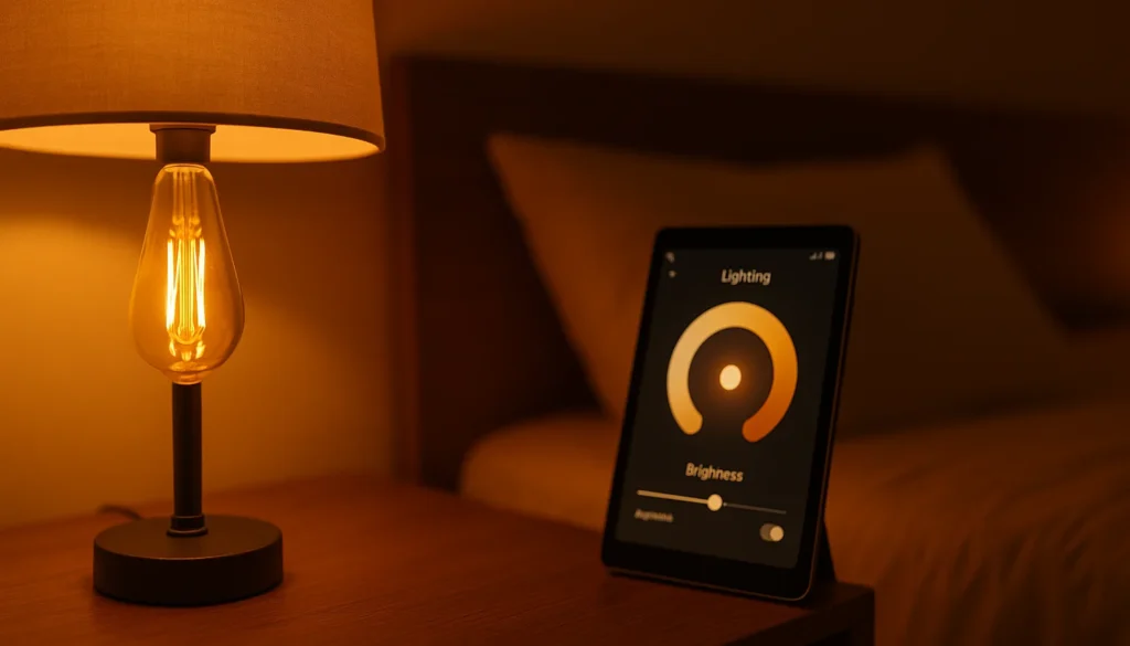 Nachttisch mit dimmbarer Lampe und Tablet zur smarten Lichtsteuerung im Schlafzimmer.