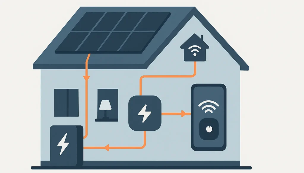 Illustration zeigt Energiefluss im Smart Home mit Solaranlage, Batterie und vernetztem Strommanagement.