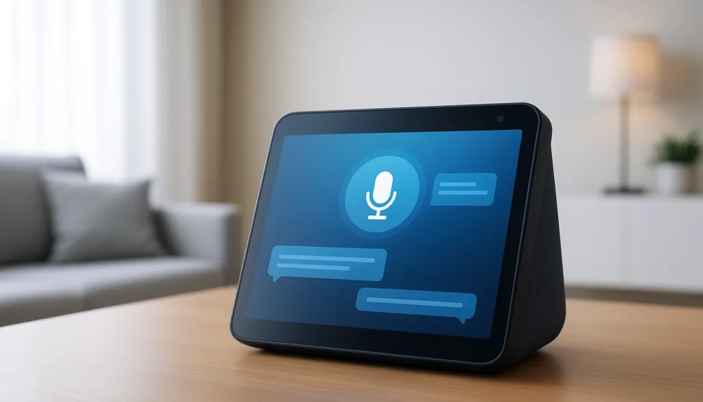 Smart-Display mit Mikrofon-Symbol und Chatblasen auf Tisch im Wohnzimmer – Sprachsteuerung aktiv.