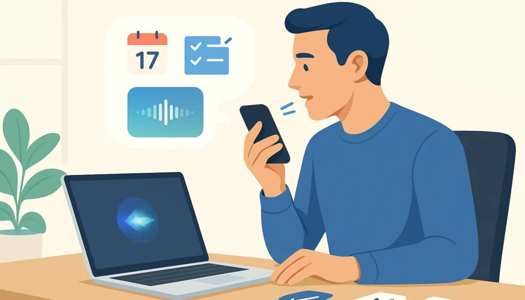 Mann nutzt Sprachassistent wie Siri zur Verwaltung von Kalender, Aufgaben und Sprachnotizen am Smartphone und Laptop.