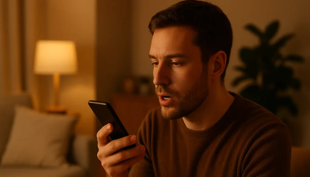 Mann nutzt Sprachsteuerung per Smartphone abends im Wohnzimmer zur Bedienung von Smart Assistant.