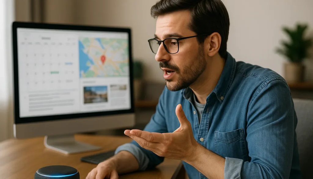 Mann nutzt Sprachassistent im Büro zur Terminplanung und Navigation – smarte Unterstützung im Arbeitsalltag.
