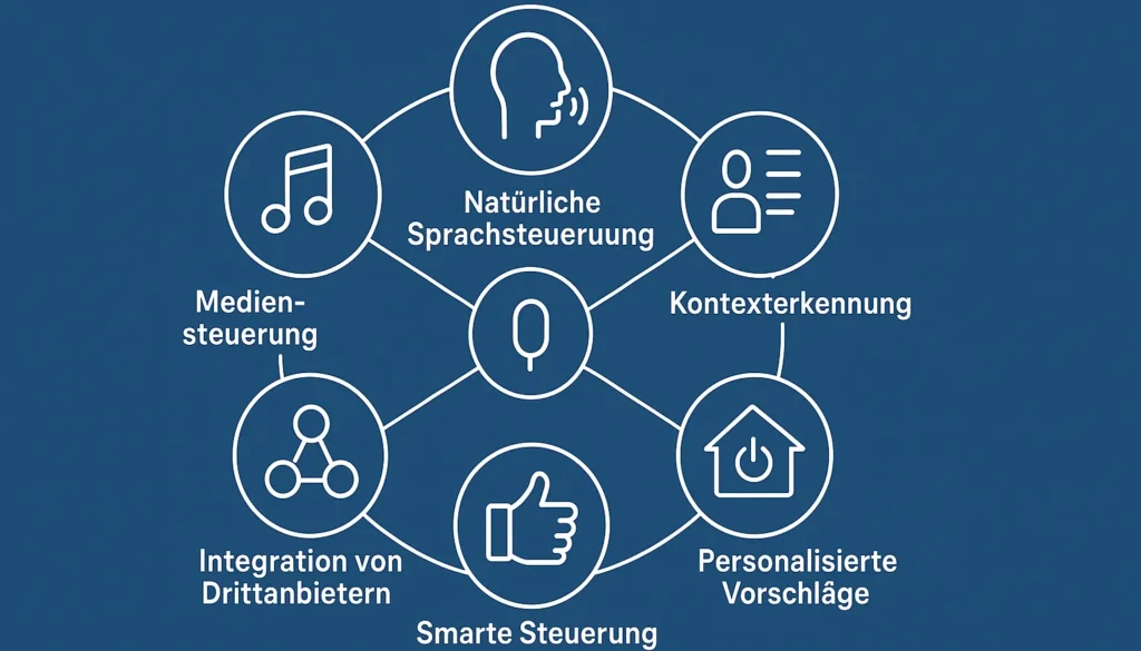 Grafik zeigt zentrale Funktionen der Sprachsteuerung im Smart Home: Medien, Kontext, Vorschläge und Drittanbieter-Integration.