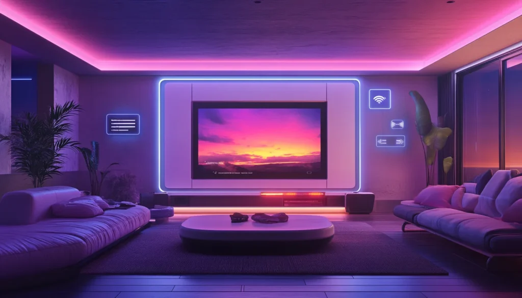 Futuristisches Wohnzimmer mit Smart TV, neonfarbener LED-Beleuchtung und digitalen UI-Elementen – modernes Entertainment im intelligenten Zuhause.