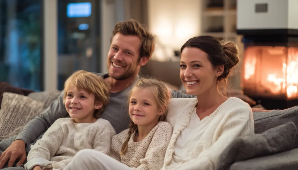 Glückliche Familie sitzt zusammen im gemütlichen Wohnzimmer vor dem Kamin.