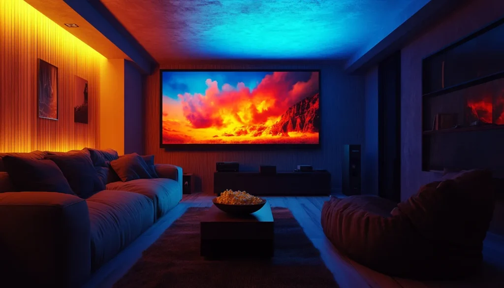 Gemütliches Heimkino mit Beamer, LED-Ambient-Beleuchtung und großem Bildschirm – perfekte Streaming-Atmosphäre im Smart Home Wohnzimmer.