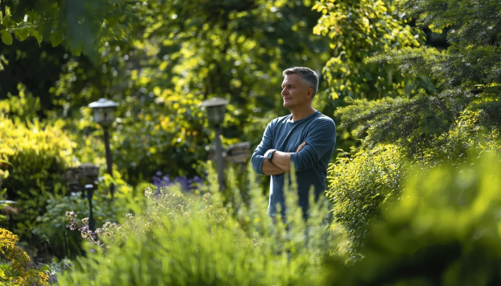 Mann mittleren Alters steht entspannt im gepflegten Smart-Garten, umgeben von üppigem Grün und sommerlicher Atmosphäre.