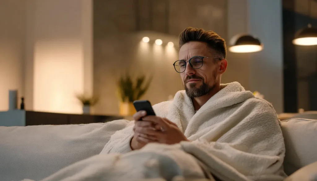 Mann sitzt entspannt mit Decke auf dem Sofa und nutzt Smartphone im warm beleuchteten Wohnzimmer.