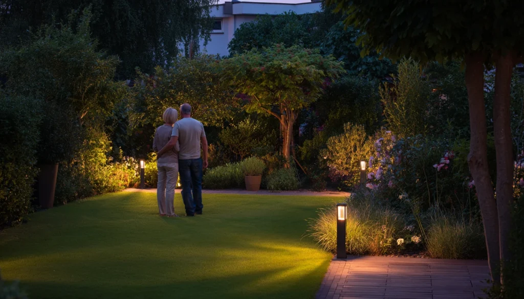 Ein Paar steht Arm in Arm im stimmungsvoll beleuchteten Smart-Garten am Abend, umgeben von gepflegtem Rasen und modernen Gartenleuchten.