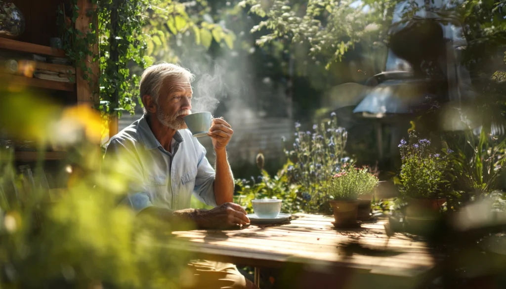 Älterer Mann trinkt entspannt eine Tasse Kaffee im sonnigen Garten, umgeben von Pflanzen und blühenden Kräutern.