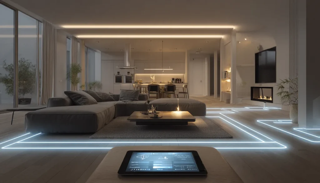 Modernes Smart-Home-Wohnzimmer mit App-gesteuerter Hausautomation und digitalem Tablet auf Couchtisch.