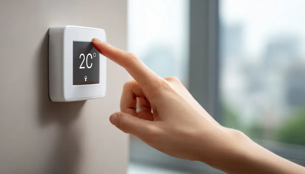 Hand stellt digitales Thermostat auf 20 Grad ein, moderne Heizungssteuerung im Smart Home.