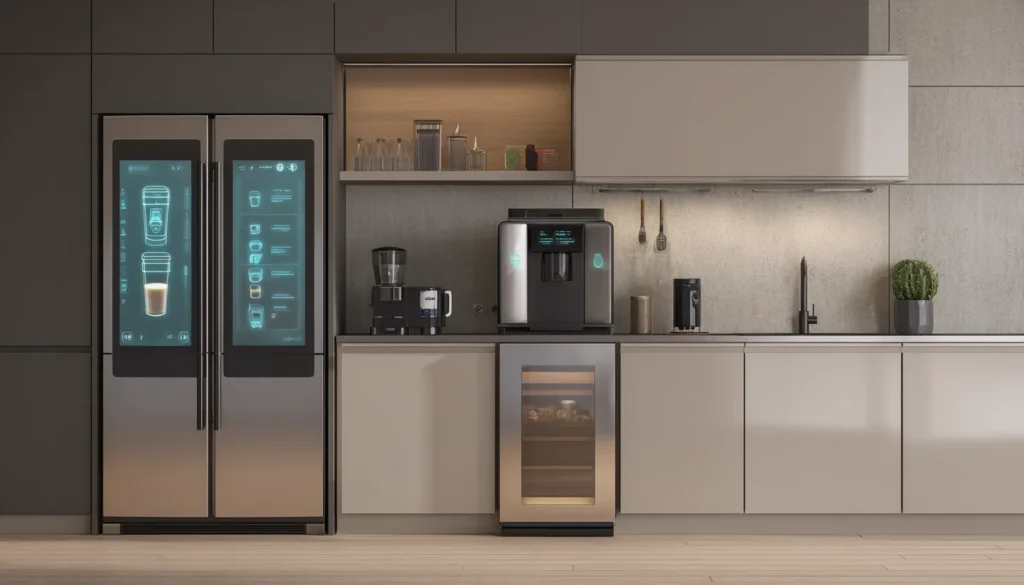 Smarte Küchengeräte mit Touchscreen im modernen Küchenumfeld, inklusive Kaffeemaschine und Kühlschrank mit Display.